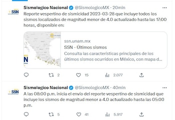 Reporte vespertino del Sismológico Nacional
