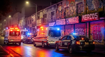 Varias ambulancias y vehículos policiales con luces encendidas en una calle urbana de noche. Edificios con grafitis y persianas metálicas cerradas al fondo.