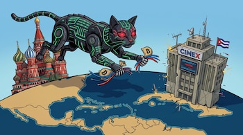 Ilustración de un gato robótico negro que salta desde la Catedral de San Basilio hacia un edificio con el letrero CIMEX y la bandera de Cuba.