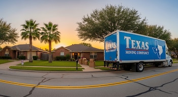 Un camión de mudanza azul de "Texas Moving Company" está estacionado frente a una casa residencial de ladrillo con palmeras, y cajas en el césped, al atardecer.