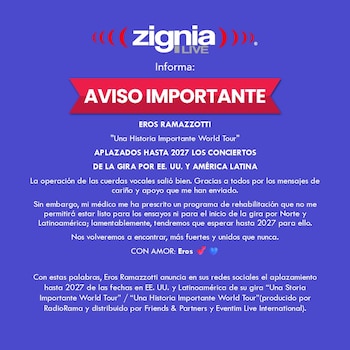 Eros Ramazzotti informa que suspende y reprograma fechas por recomendación médica ligada a su salud vocal. (X/ @ArenaCdMexico)
