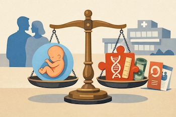 Ilustración plana de una balanza antigua con un embrión en un platillo y una ficha de rompecabezas con ADN, regla y billete en el otro, con padres y clínica al fondo.