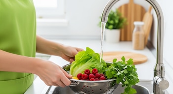 Manos sostienen un colador metálico con frambuesas, lechuga y cilantro bajo agua corriente de un grifo en un fregadero de cocina.