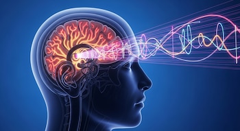 Corteza visual iluminada en una cabeza humana sagital. Haces de luz de colores vibrantes entran por los ojos y se proyectan como líneas onduladas.