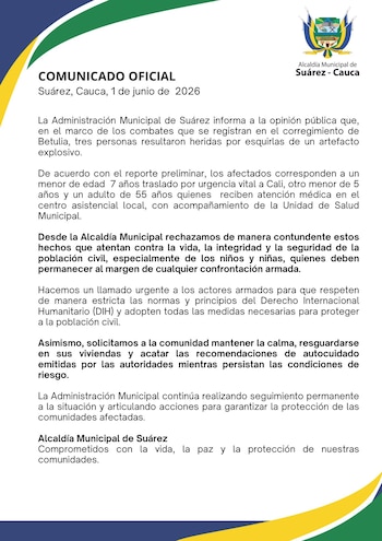 La administración municipal alertó sobre las afectaciones a la población civil y pidió garantías para las comunidades asentadas en el área de los combates. - crédito Alcaldía de Suárez, Cauca