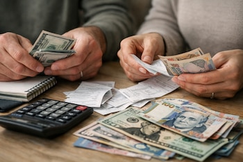 Dos pares de manos revisan billetes de dólares y soles, recibos, una calculadora y una libreta de anotaciones sobre una mesa de madera.