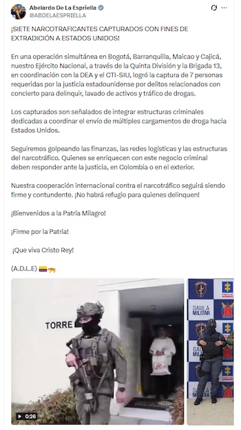 El presidente De la Espriella compartió el comunicado el mismo día que lo hizo la Fiscalía, pero en su reporte fueron siete los capturados, y no ocho como detalló el ente investigador - crédito @ABDELAESPRIELLA/X