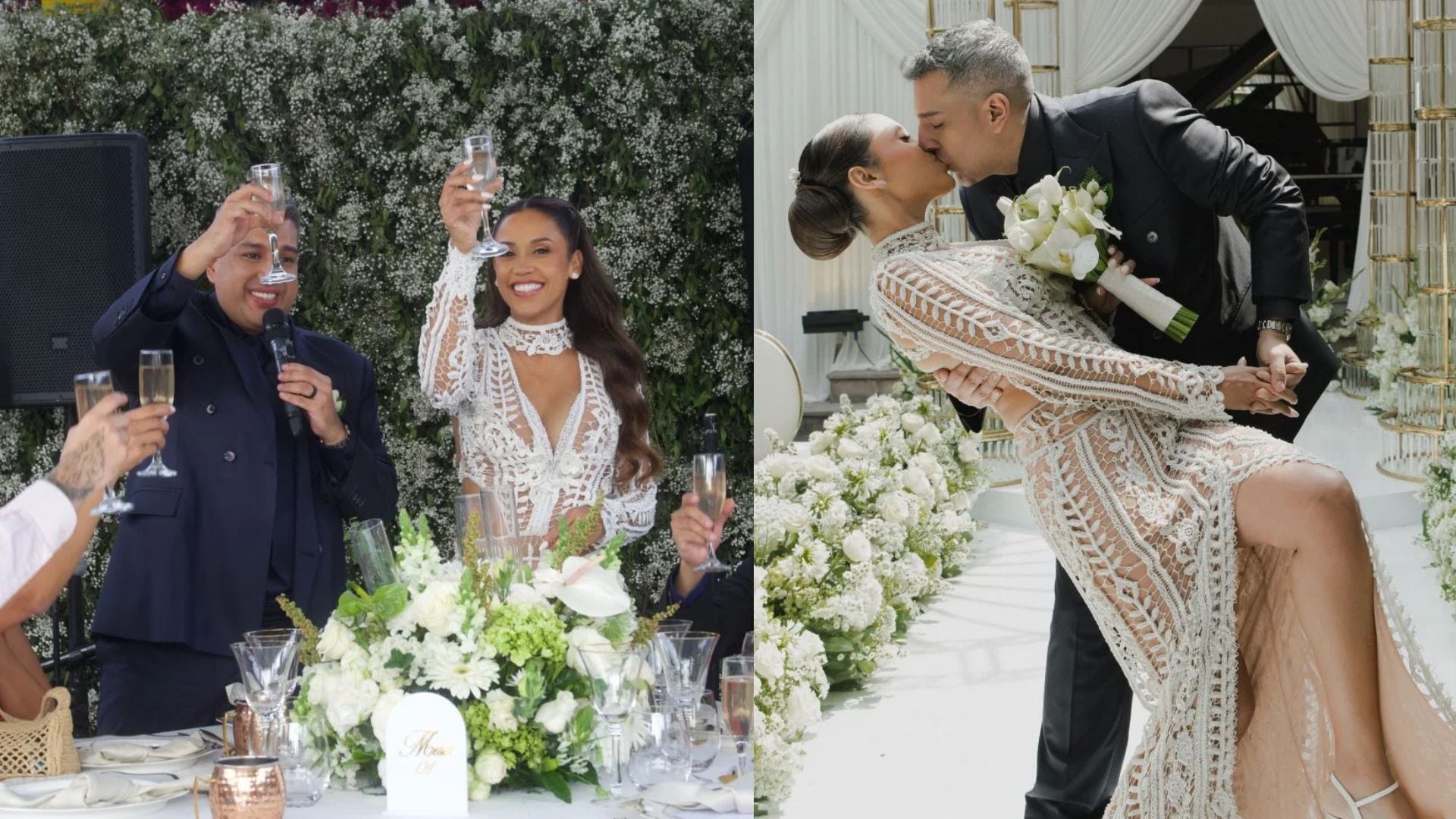 Ricardo Mendoza y Katya Mosquera brindan con sus invitados y se besan durante la celebración de su matrimonio. (Horacio Charme / Carlos Salazar (COSAS))