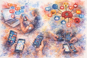 Ilustración en acuarela de un hombre conectado a un móvil, múltiples manos con teléfonos, burbujas de notificaciones, iconos de redes sociales y un cerebro con emociones.