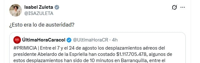Isabel Zuleta se sumó a las críticas con una pregunta sobre el compromiso del Gobierno con la austeridad - crédito @ISAZULETA/X