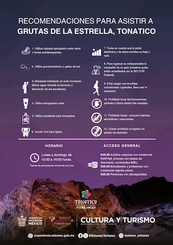 Póster informativo para las Grutas de la Estrella en Tonatico. Muestra texto sobre recomendaciones, horarios, tarifas, y logos oficiales sobre un fondo de cueva