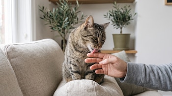 Gato atigrado sentado en un sofá lamiendo la mano de una persona. Ventana y plantas de interior en macetas al fondo. Ambiente luminoso.