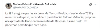 La colectividad señaló que es una burla la llegada de Uribe al Ministerio de Defensa - crédito @MAFAPOCOLOMBIA/X