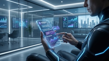 Hombre en entorno moderno usando celular con interfaz de chat bancario de IA mostrando transacciones y gráficos financieros; pantallas con datos al fondo.