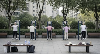 Cinco personas mayores usan máquinas de ejercicio al aire libre. Hay dos bancos con libros, botellas de agua, sombreros y bolsas. Edificios y árboles al fondo.