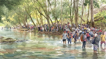 Pintura en acuarela: gran grupo de personas con mochilas camina por un río poco profundo, rodeado de árboles altos y vegetación densa.
