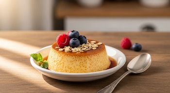 Primer plano de un flan de avena con caramelo, decorado con arándanos, frambuesas y copos de avena, en un plato blanco con una cuchara a la derecha.