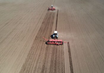 Trabajadores agrícolas operan tractores con