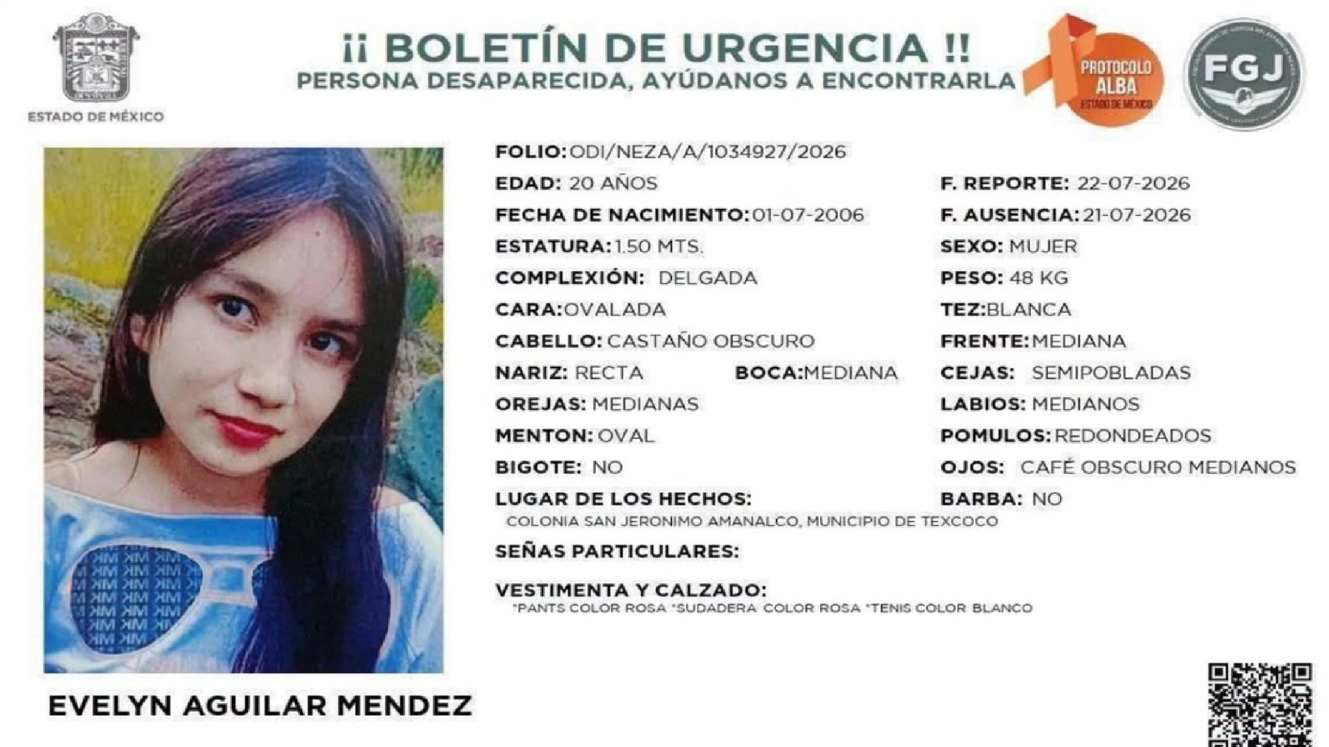 Ficha de búsqueda de Evelyn Aguilar Méndez, encontrada muerta (FGJEM)