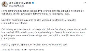 Luis Gilberto Murillo resaltó la hermandad colombo-venezolana y envió mensaje de aliento tras el terremoto - crédito @LuisGMurillo/X