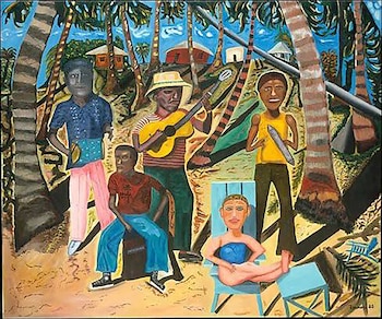 Pintura que presenta a cuatro músicos con instrumentos rodeados de palmeras y a una persona sentada en una silla de playa azul