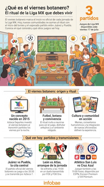 Infografía con personas mirando fútbol en TV, mesa con botanas, logos de cadenas deportivas, emblemas de equipos de Liga MX y texto sobre el "viernes botanero".