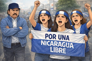 Ilustración de tres mujeres jóvenes con bandas azul y blanco protestando con una pancarta "POR UNA NICARAGUA LIBRE". Daniel Ortega las mira molesto.