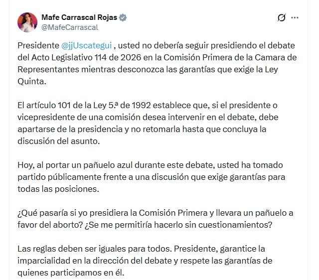 María Fernanda Carrascal pidió que Uscátegui se aparte de la presidencia de la comisión mientras se debate el proyecto de reforma constitucional (@MafeCarrascal/X)