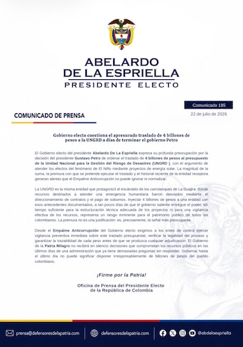 El equipo de empalme del presidente electo solicitó a los entes de control verificar la legalidad y trazabilidad de los recursos. - crédito @defensoresco(X