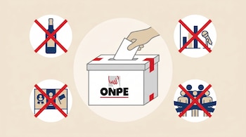 Ilustración: urna de votación ONPE y mano insertando voto. Alrededor, iconos tachados: botella, gráfico/micrófono, pancarta política, grupo de personas.