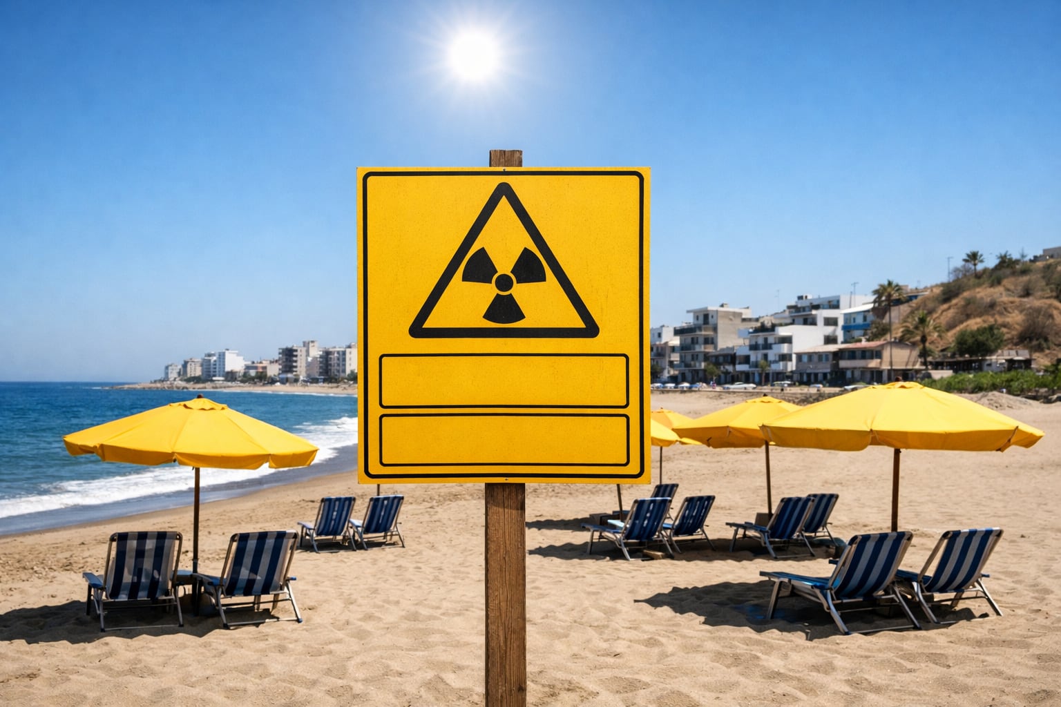 Un cartel amarillo con símbolo de radiación se alza en una playa peruana con sombrillas y sillas vacías bajo un cielo azul despejado. (Imagen Ilustrativa Infobae)