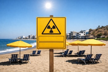 Un cartel amarillo con símbolo de radiación y recuadros en una playa con sombrillas, sillas, mar y edificios al fondo.