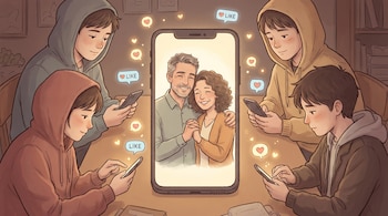 Ilustración de cuatro jóvenes con sudaderas mirando sus celulares alrededor de un teléfono central que muestra a una pareja sonriente y abrazada. Burbujas de 'like' y corazones flotan.