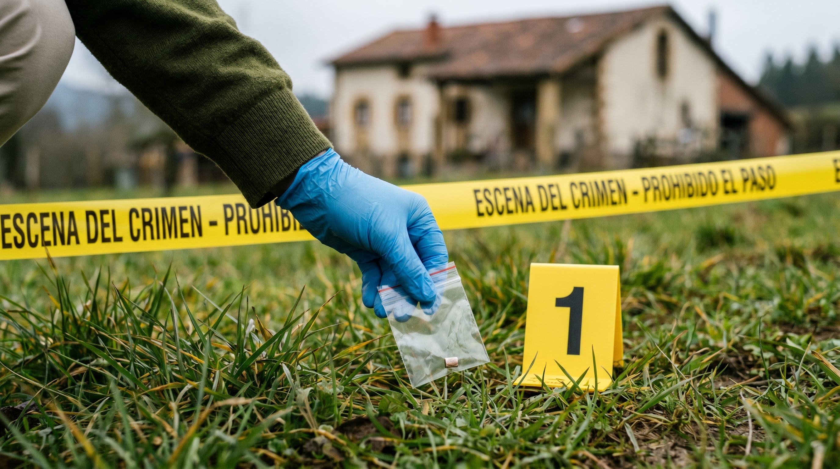 Un perito forense con guante azul de nitrilo recolecta una pequeña pieza de evidencia en una bolsa, marcada con el número 1, en una escena del crimen rural. (Imagen Ilustrativa Infobae)