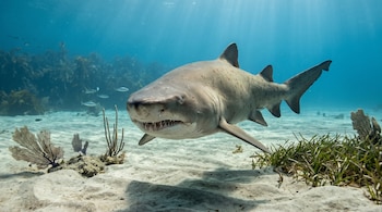 Un tiburón nadando sobre arena blanca con pequeños peces, algas y corales en agua marina iluminada por el sol.