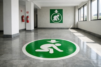 Pasillo interior con pisos grises, paredes blancas, dos extintores rojos, ventanas y dos símbolos verdes de zona segura con figura agachada y flecha.