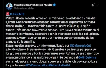 La senadora Claudia Margarita Zuleta Murgas denunció que los drones armados de grupos ilegales mantienen en confinamiento a la población civil de Pelaya - crédito @claudiamzuleta / X