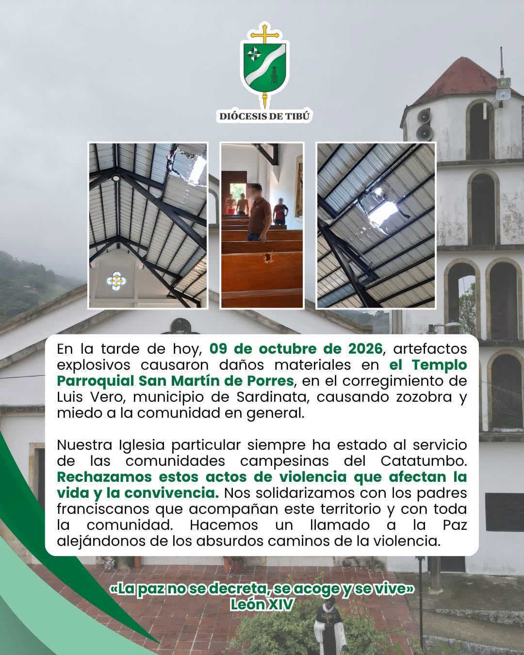 La Diócesis de Tibú se pronunció por lo ocurrido con una iglesia, la cual recibió un ataque el viernes 9 de octubre - crédito Diócesis de Tibú