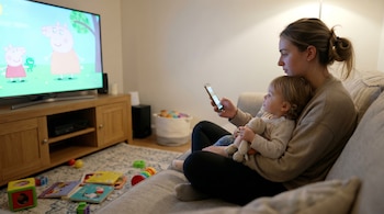 Una mujer sostiene un celular sentada en un sofá junto a una niña pequeña que mira televisión con un dibujo animado. Juguetes están en el suelo.