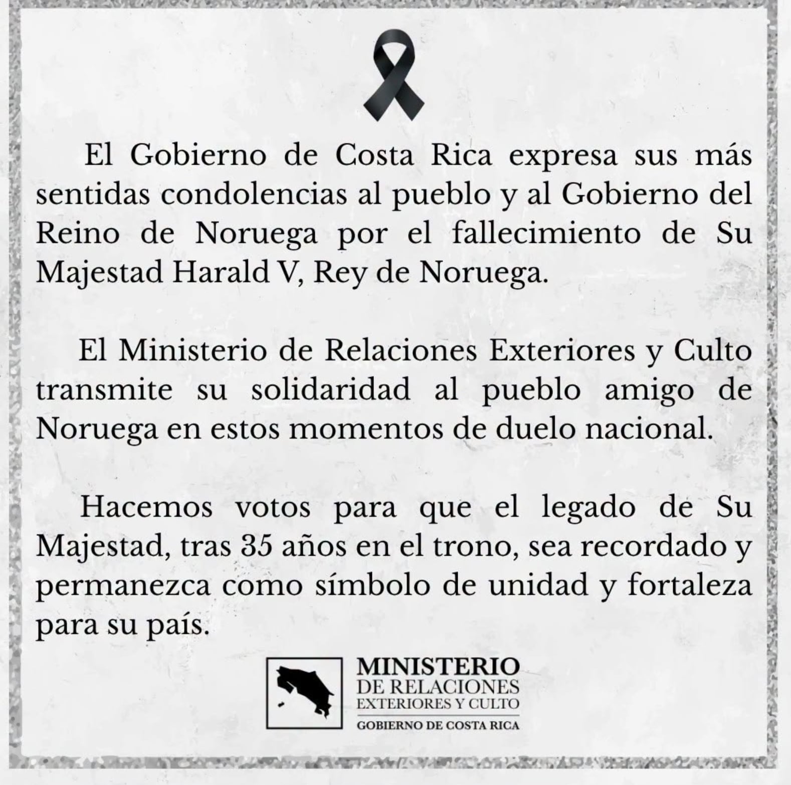 Costa Rica expresó sus condolencias al pueblo y Gobierno de Noruega tras la muerte del rey Harald V a los 89 años. Crédito: Ministerio de Relaciones Exteriores y Culto