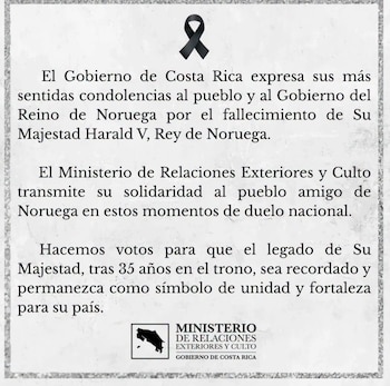 Costa Rica expresó sus condolencias al pueblo y Gobierno de Noruega tras la muerte del rey Harald V a los 89 años. Crédito: Ministerio de Relaciones Exteriores y Culto