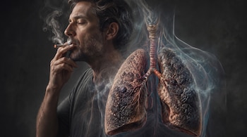 Hombre barbudo fumando un cigarrillo, con humo flotando alrededor, y en primer plano, unos pulmones con signos de daño y la tráquea.