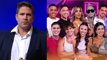 Imagen dividida: a la izquierda, Paco Bazán en un estudio; a la derecha, un collage de ocho participantes sonrientes de ‘La Granja VIP’ con fondo morado y luces de neón