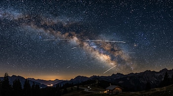 Cielo nocturno con la Vía Láctea, trazos luminosos de satélites, montañas en la penumbra y una pequeña cabaña junto a un camino.