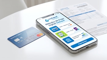 Un teléfono inteligente con opciones de pago digital en pantalla junto a una tarjeta bancaria azul y un recibo impreso sobre una mesa blanca.