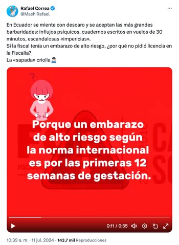 La publicación de Rafael Correa cuestionando el embarazo de la fiscal Diana Salazar.