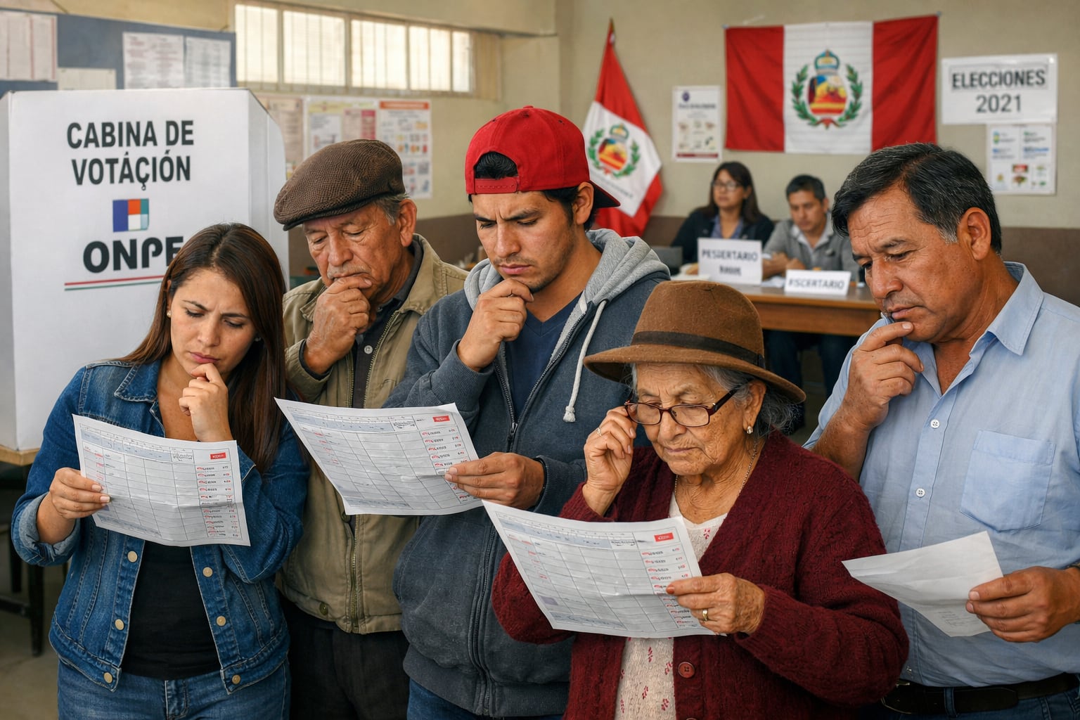Electores peruanos de diversas edades reflexionan sobre sus opciones mientras revisan las cédulas de sufragio en un centro de votación durante el día de las elecciones. (Imagen Ilustrativa Infobae)