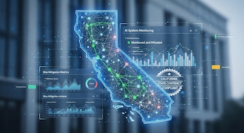 Mapa brillante de California con red de datos superpuesta, flanqueado por gráficos de monitoreo de IA y mitigación de sesgos algorítmicos, sobre fondo borroso de edificio.