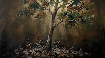 Pintura de un árbol con copa verde iluminada cenitalmente, sobre un suelo con restos de hojas secas y tallos pequeños ante un fondo oscuro.