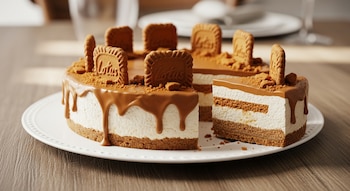 Tarta Lotus sin horno con una porción cortada, mostrando capas de crema y galleta. Decorada con salsa de caramelo y galletas Lotus enteras sobre un plato blanco en una mesa de madera.